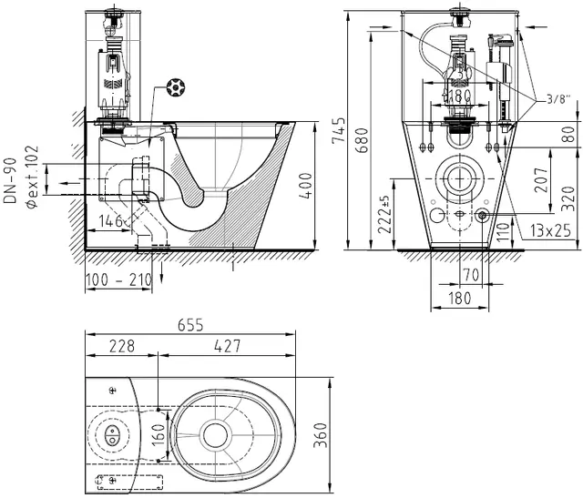 PORTINOX GULV WC M/SIS 2STK SERVICELUKER INP-655-OVC-TB-PR-S , TWO SERVICE DOORS 