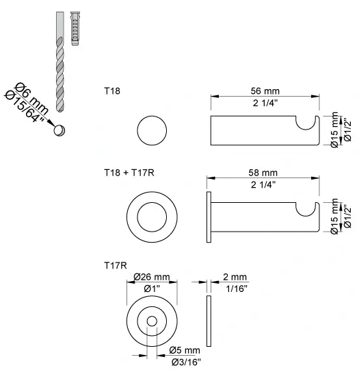 VOLA T18 HÅNDKLEKROK, 56mm, PAKKE À 4 STK 