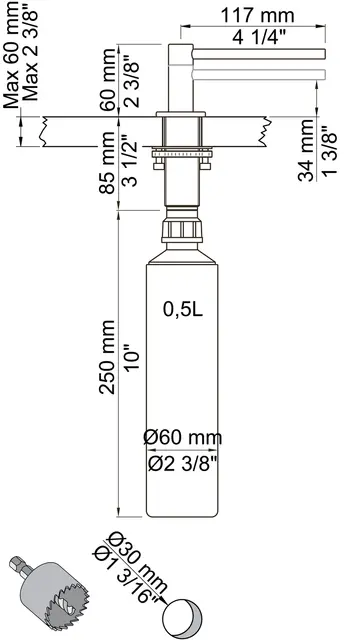 VOLA T36L BENKEMONTERT SÅPEDISPENSER LANGT UTLØP 